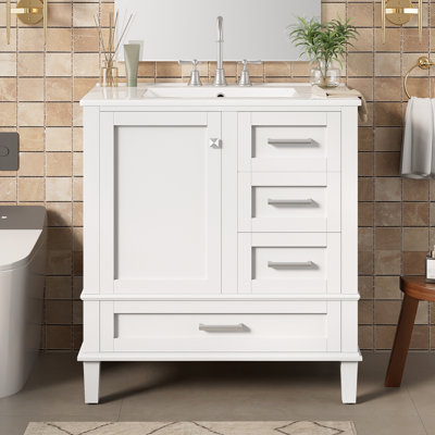 30" Bathroom Vanity, Frame With Ceramic Sink, Clean-Lined Detailing, Soft-Close Storage Combo, Modern Elegant, Bathroom Suite
