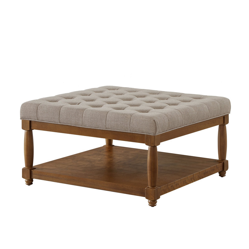 Large Square Upholstered Tufted Linen Ottoman Coffee Table, Large Footrest Ottoman With Solid Wood Shelf- Linen, Linen