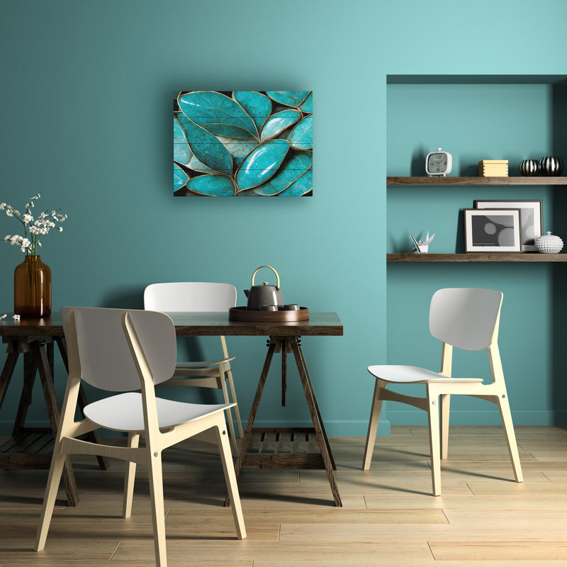 Feuilles turquoise sur bois, H 12 po x l 16 po