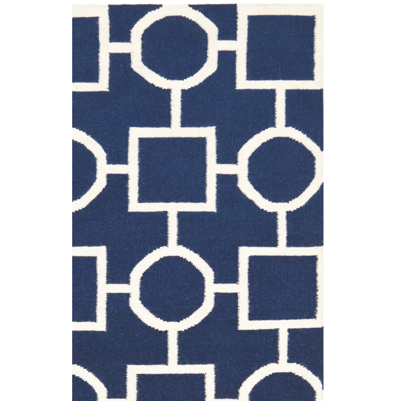Tapis géométrique en laine / coton tissé à la main Rodgers - blanc / bleu, Tapis de couloir 2 pi 6 po x 8 pi