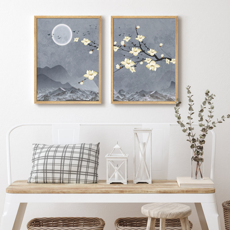Pleine lune et fleurs, reproduction d'art encadrée, affiche, petit art mural, Naturel, H 14 po x l 11 po