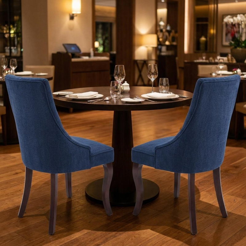 Ensemble de deux chaises de salle à manger en lin bleu et brun et bois massif