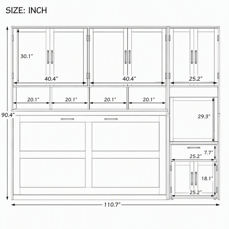 Lit escamotable double avec garde-robe, tiroirs et bureau, Gris