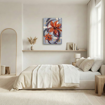 Tableau abstrait de fleurs orange avec des volutes grises et blanches sur toile