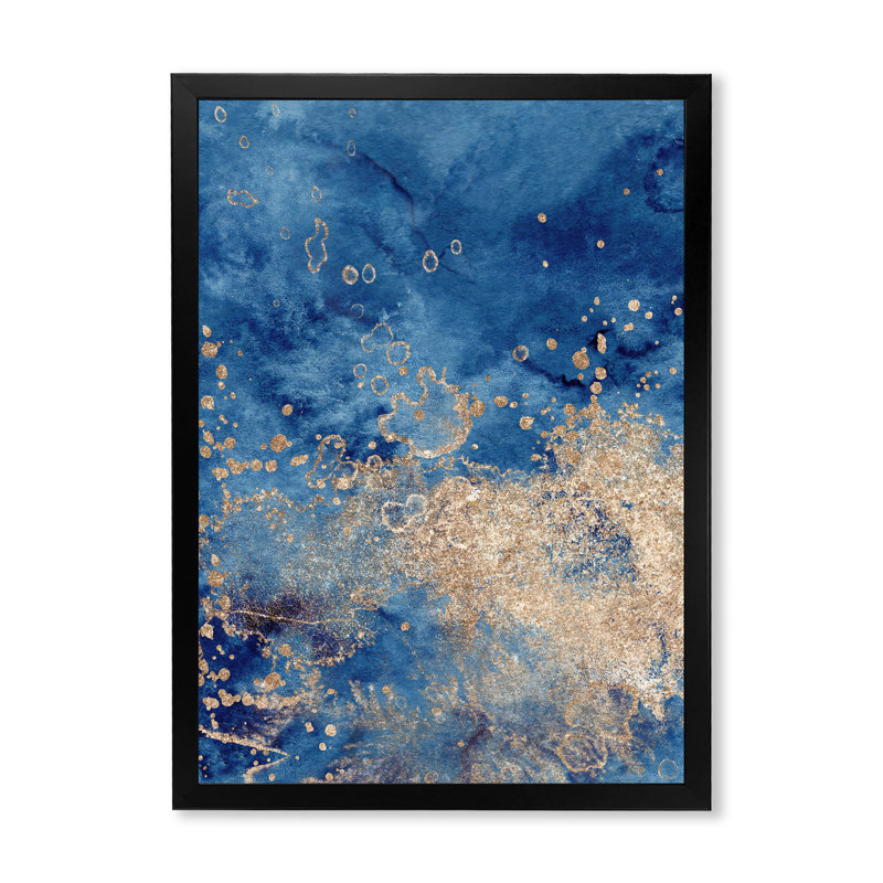 Abstrait classique bleu et or II - peinture sur toile, H 32 po x l 24 po, Cadre d'angle fermé noir