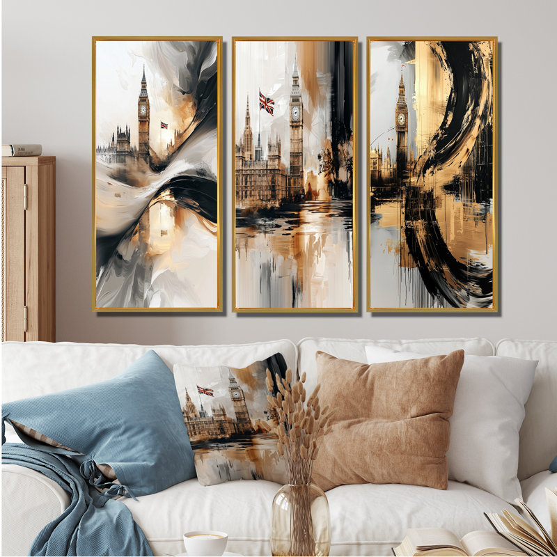 Big Ben Glow In England I - Collection d'art mural Angleterre, H 40 po x l 60 po, Impression encadrée flottante, Or