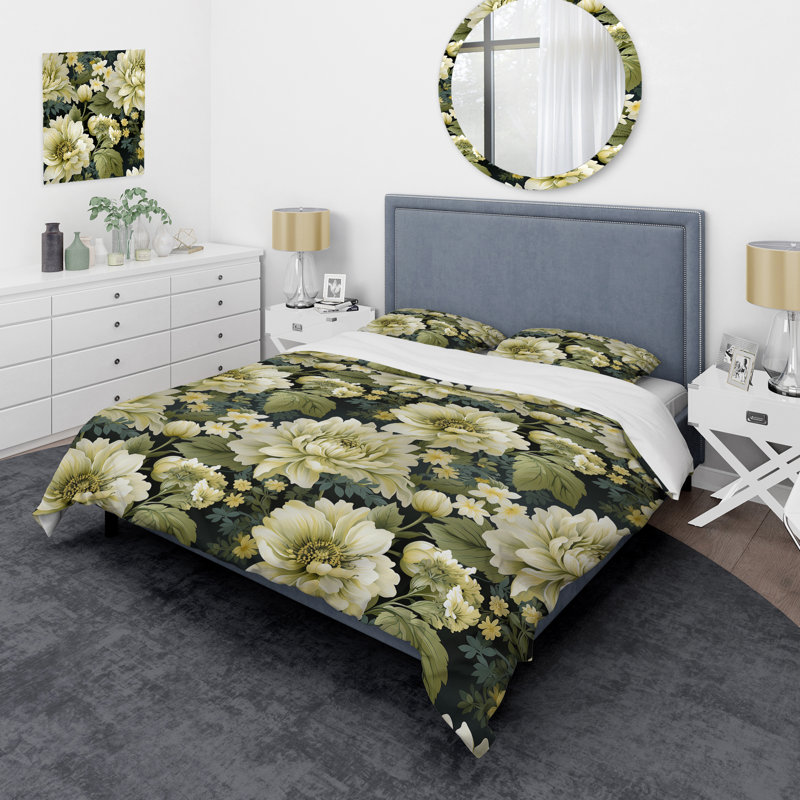 Ensemble de housse de couette beige et vert pivoines damassées Serenity I - Floral