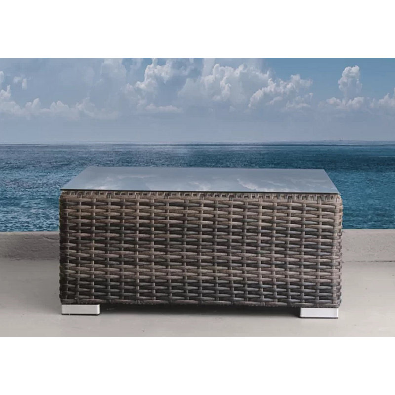 Outdoor Wicker Coffee Table, Modern Cube Design Patio Table with Tempered Glass Top