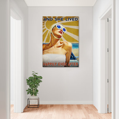 Girl Sunbathing On The Beach - She Lived Happily Ever After Gallery Wrapped Canvas - People Illustration Decor, Blue, White And Yellow Corridor Decor