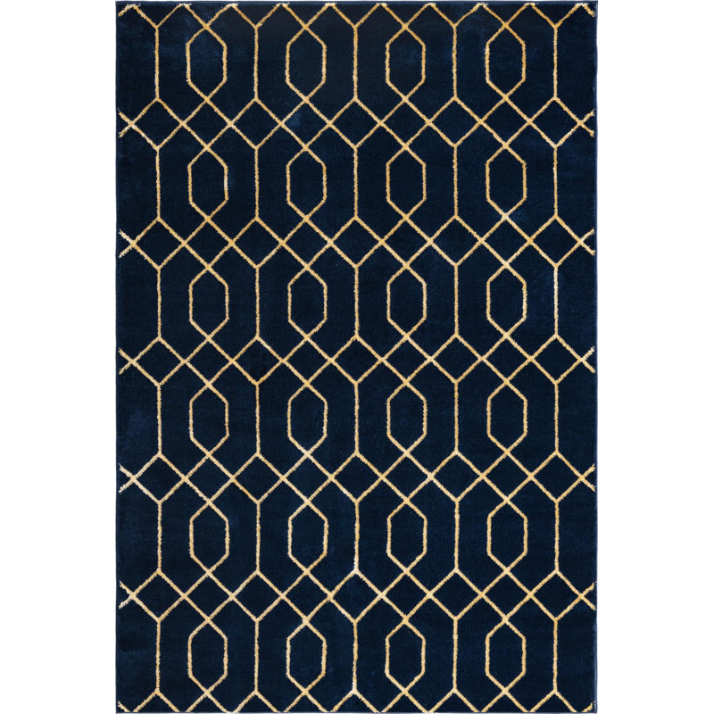 Glam Navy Blue Gold Area Rug, Rectangle 6'1" x 9'