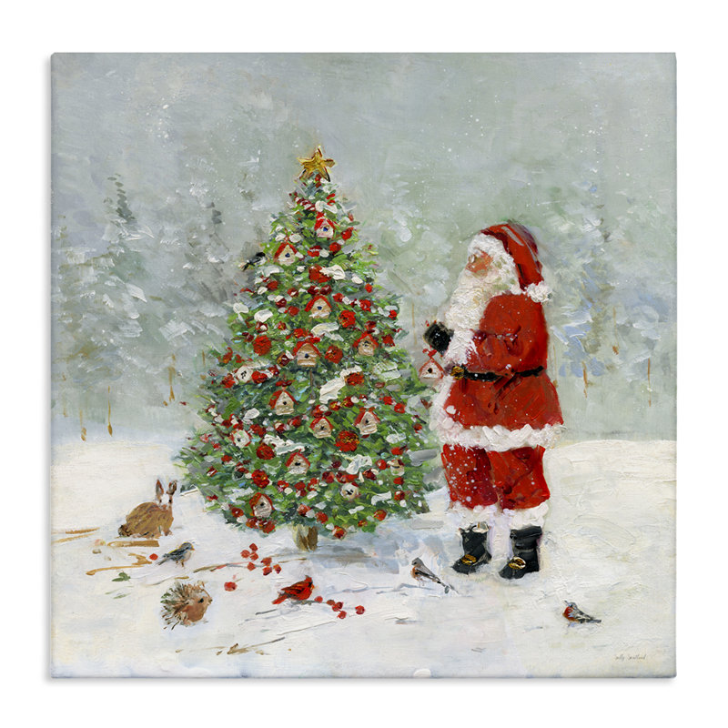 «Santa with Birdhouse Tree», art mural sur toile par Sally Swatland, H 24 po x l 24 po