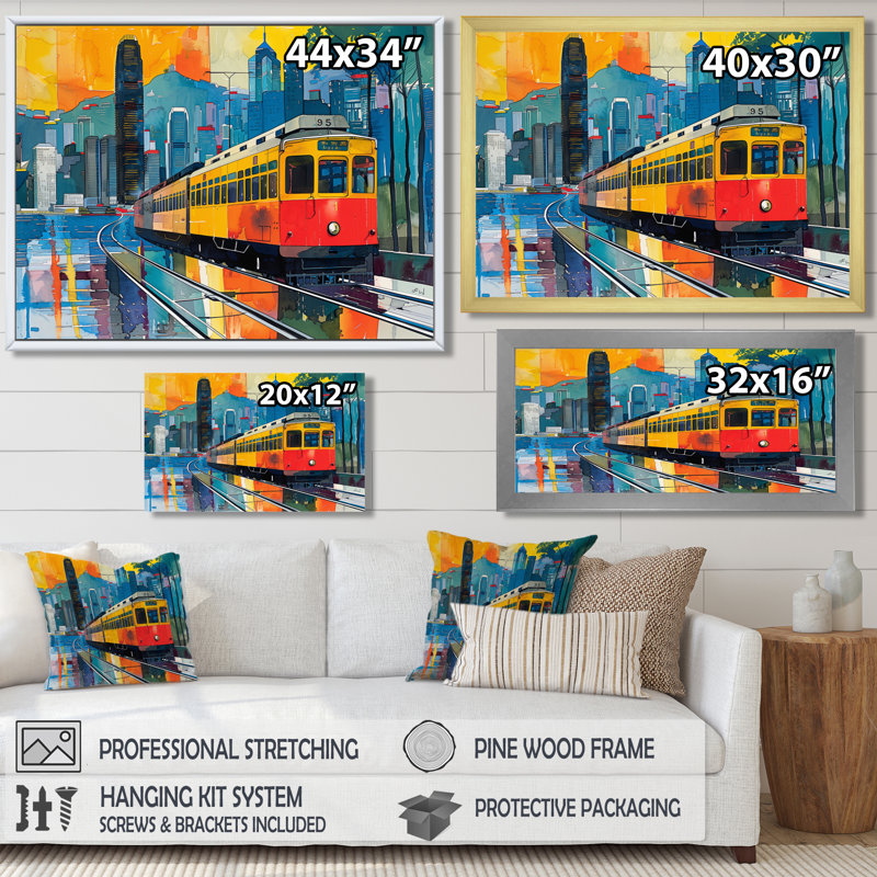 Train to hong kong Pop Art II - art mural hong kong, Toile avec cadre flottant noir, H 16 po x l 32 po x P 1 po