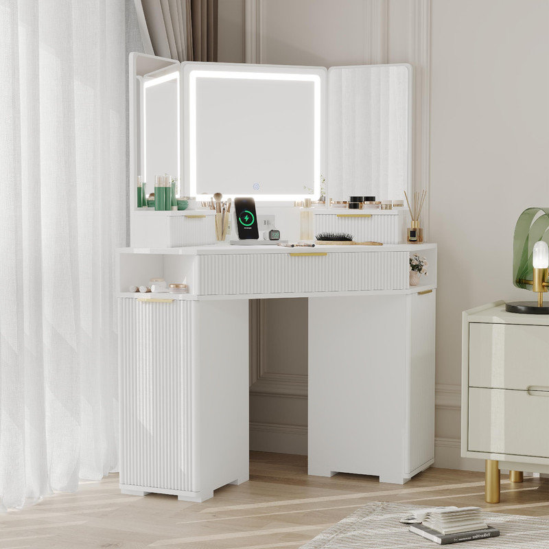 Corner Vanity with Mirror & Lights - Fluted Makeup Table with Charging Station, White