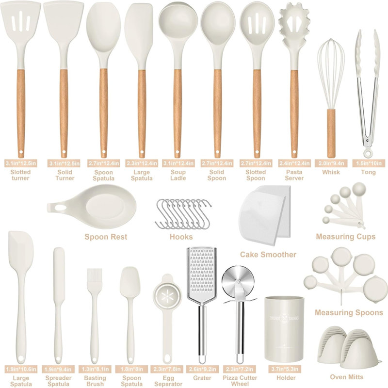 Ensemble 33 pièces d'ustensiles de cuisine en silicone, poignée de bois antiadhésive, résistant à la chaleur, blanc