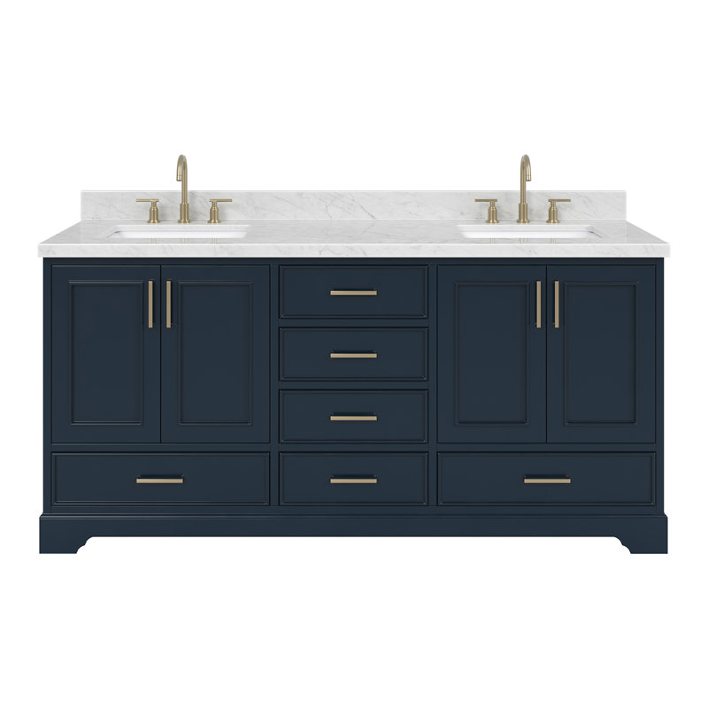 73'' Double Bathroom Vanity with Carrara Marble Top, Midnight Blue
