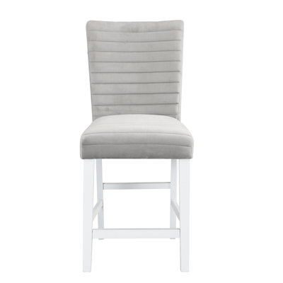 Fauteuil à hauteur de comptoir en velours gris et blanc à finition brillante de 2 pieds avec pieds en kd, siège rembourré, épaisseur de coussin de 60 mm, poches de ceintures de 3 po sur le bas du siège, densité de la mousse D20, bois dur