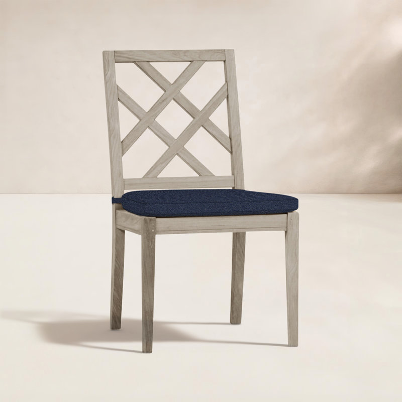 Haley Patio Dining Side Chair with Cushions, Oyster Teak, Welt, Intermix Indigo