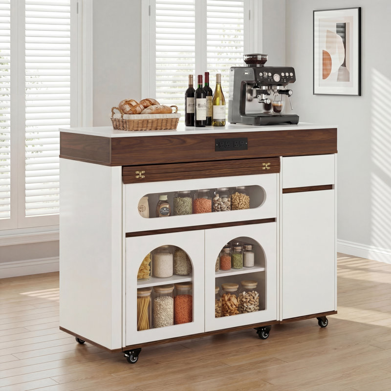 Extendable Rolling Kitchen Island Dining Table with Folding Top, Drawers, Power Outlet & Brake Lock, Storage Cabinet