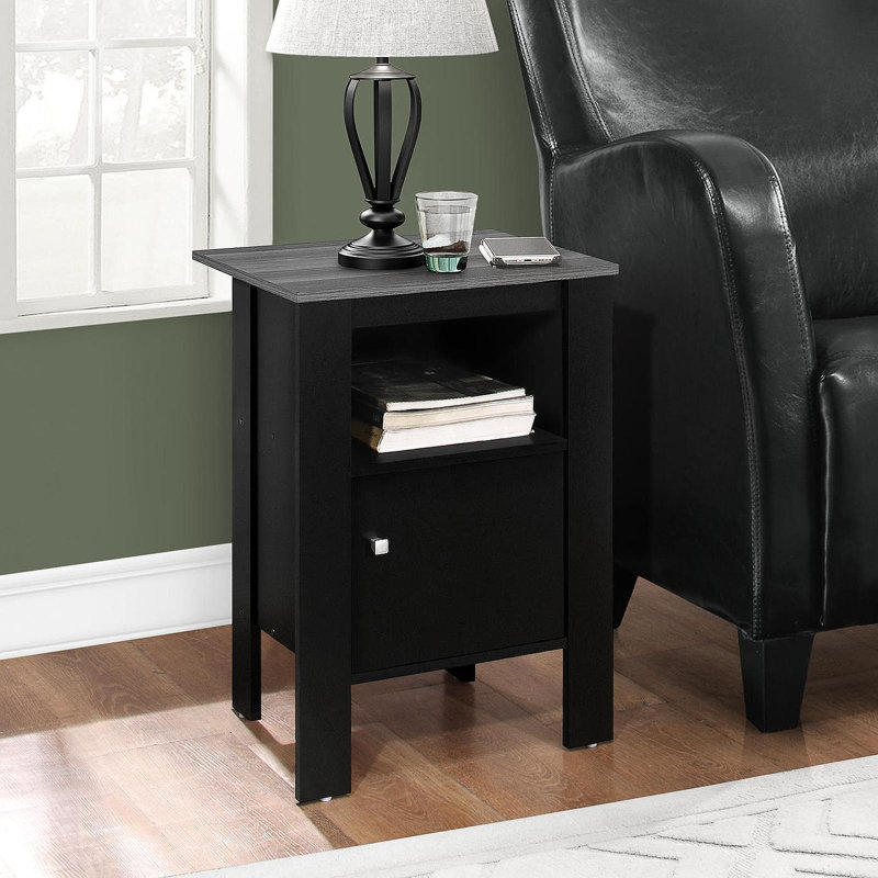 Table d'appoint, côté, bout, table de chevet, lampe, rangement, salon, chambre à coucher, stratifié noir et gris, transitionnel
