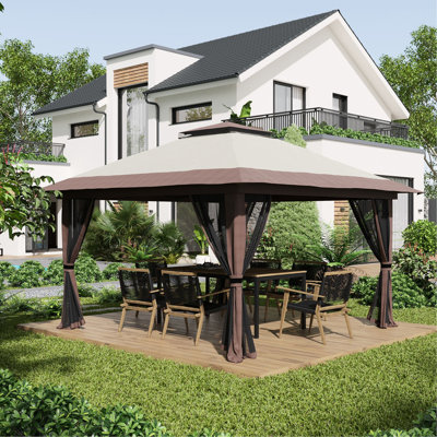 13' X Pop Up Gazebo, Instant Canopy Tent With 2 Roof. Uv50+ Protection Cocoon, Beige For Outdoor Enjoyment. Comes Wheeled Carry Bag & Water/Sand Bags Roof And Netting Qigong Classes