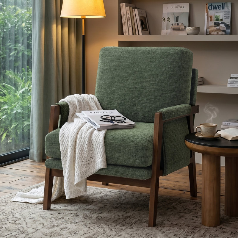 Cindina High Back Mid-Century Modern Accent Armchair with Solid Wood Frame and Plush Cushions for Living Room, Green
