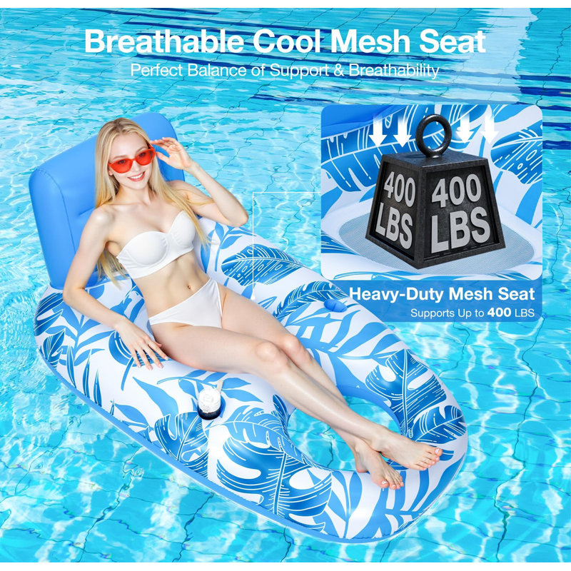 Inflatable Pool Float Adult, Pool Lounger Float Raft Floating Chair Water Floaties With Headrest & Cup Holder
