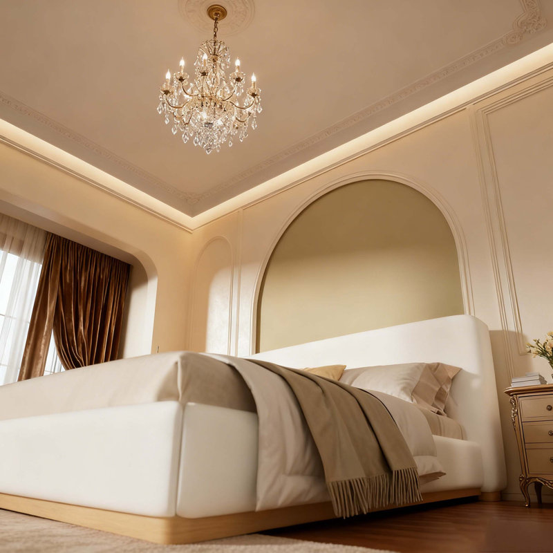Élégant lit rembourré avec structure en bois massif, débloquant une nouvelle expérience de sommeil confortable, très grand, blanc