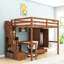 Lit mezzanine double en bois avec escalier de rangement, bureau en L et garde-robe-159364535