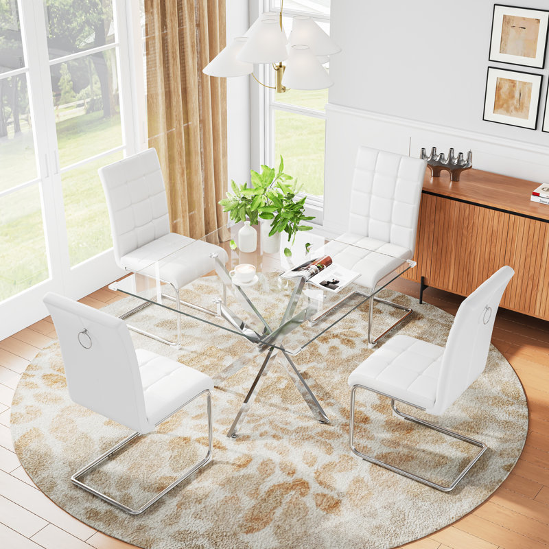 Square Pedestal Dining Set With 4 Luxury Faux Leather Dining Chairs, Silver, White/Silver