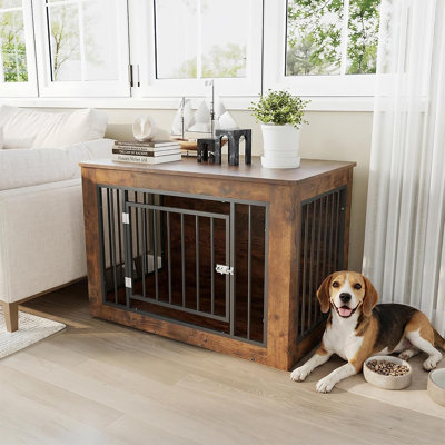 Meuble pour cage 38,2 po, chenil d'intérieur en bois de fer avec plateau solide, table d'appoint 2-en-1 pour petits chiens de taille moyenne, avec fermoir à glissière sécuritaire