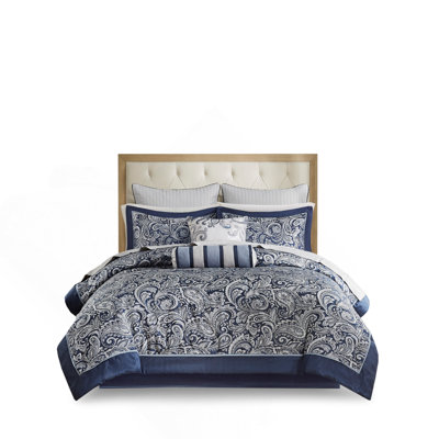 Luxurious 12 Piece Comforter Set With Cotton Bed Sheets In Navy, Complete Queen Bedding Solution For Elegant And Cozy Bedrooms