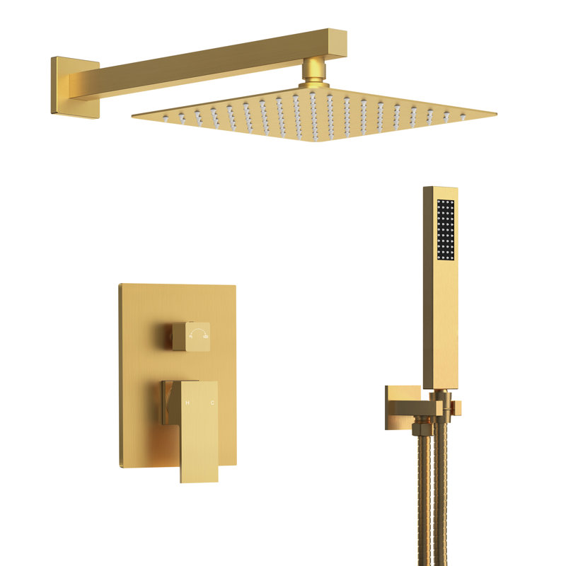  10" High Pressure Rainfall Shower System, Wall Mount Shower Faucet Set with Handheld Spray, Brushed Gold