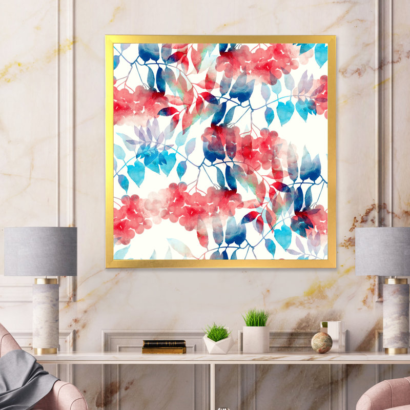 Feuilles rouges et bleues sur fond beige I - Peinture sur toile, Cadre doré, H 30 po x l 30 po