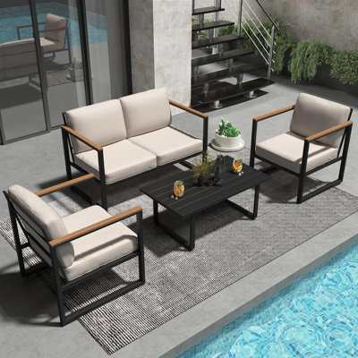 4-Piece Patio Furniture Set with Black Frame and Beige Cushions – Durable Metal Outdoor Conversation Set with Coffee Table for Courtyard, Balcony, and Patio