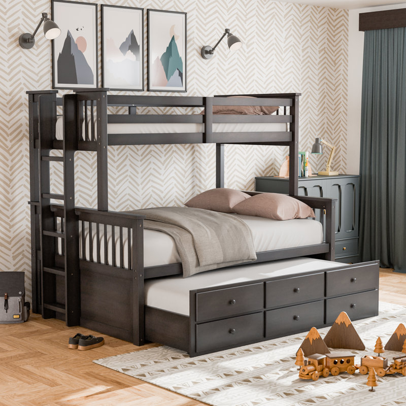 Jeany Solid Wood Twin Over Full Bunk Bed with Built-In Ladder , Trundle Bed Included, Gray