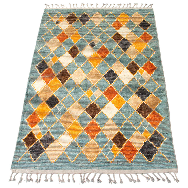 Tapis bleu / orange en laine noué à la main de conception unique 4 pi 10 po x 8 pi New Age Ipshita
