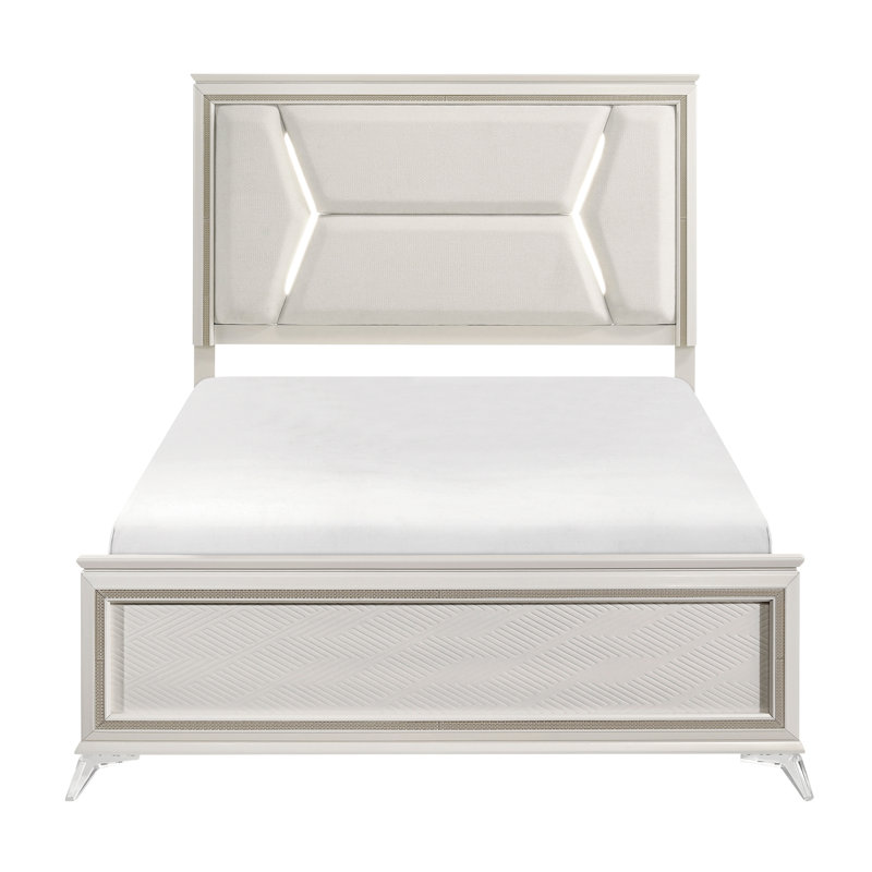 Grand lit moderne avec tête de lit tapissier en chenille et éclairage à DEL, caractéristique or blanc antique, tête de lit tapissier en bois, mélange, structure