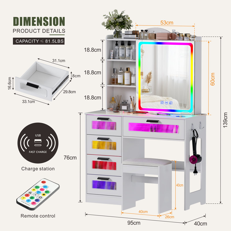 Vanity Dressing Table with RGB Lighted Mirror, Hidden Storage Cabinet, Charging Station, Drawers and Cushioned Stool, White