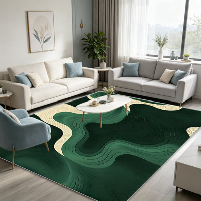 Tapis vert émeraude Contour Wave - facile à nettoyer, lavable à la machine, doux et confortable; convient aux tapis de porte, aux cuisines, aux salons, aux chambres à coucher, aux couloirs et aux buanderies. Tapis facile à nettoyer et durable pour la décoration intérieure.