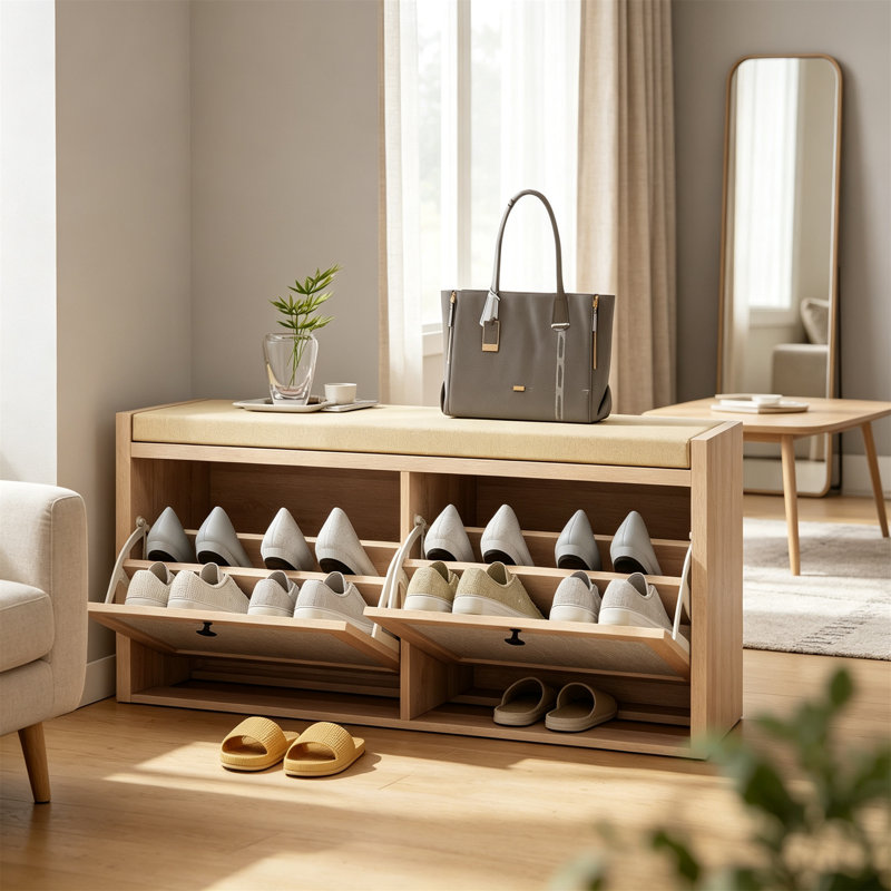 8 Pair Shoe Storage Bench, Oak Wood Effect