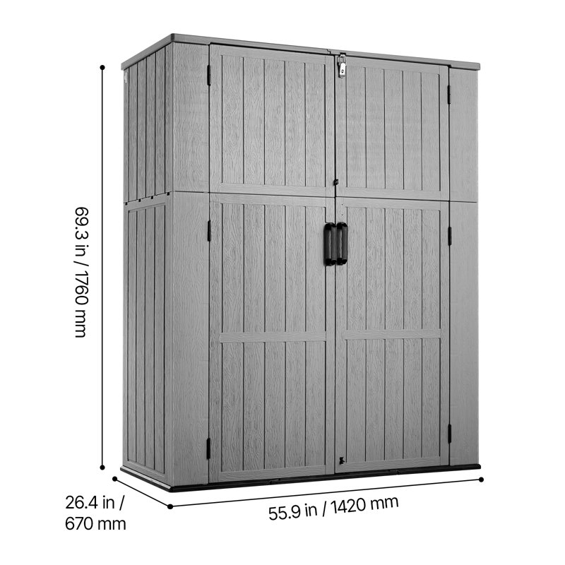 Outdoor Storage Shed 59 Cu Ft Vertical Resin Storage Cabinet Gray, for Garage, Backyard Patio Accessories and Garden Tools, Weather-Resistant Lawn Mower Shed with Lockable Doors and Floor