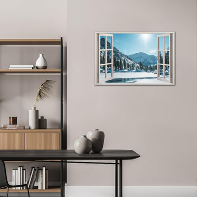 Hiver, art mural sur toile, impression de paysage de forêt enneigée, affiche encadrée de scène de fenêtre, prête à être suspendue pour le salon, la chambre à coucher, la décoration de bureau, 18 po x 24 po