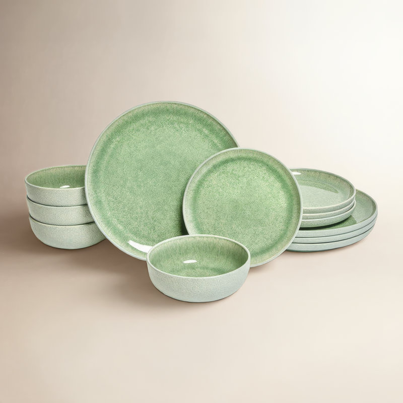 Sango Asher 12-Piece Stoneware Dinnerware Set – Service for 4, Plate & Bowl Set, Green