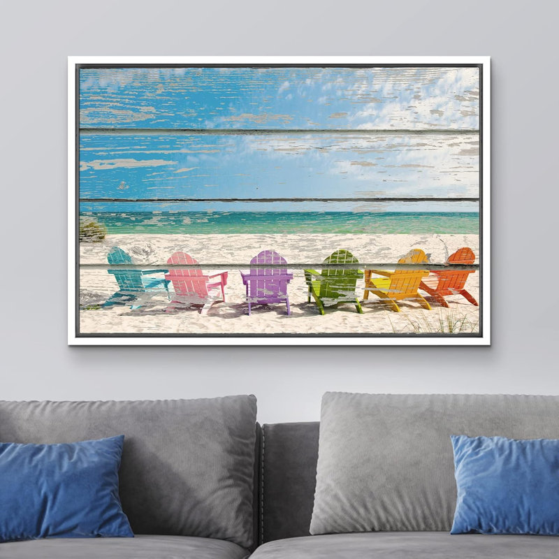 «Coastal Beach Colorful Beach Chairs on White Soft Sand», impression sur toile tendue, H 16 po x l 24 po, Cadre flottant noir