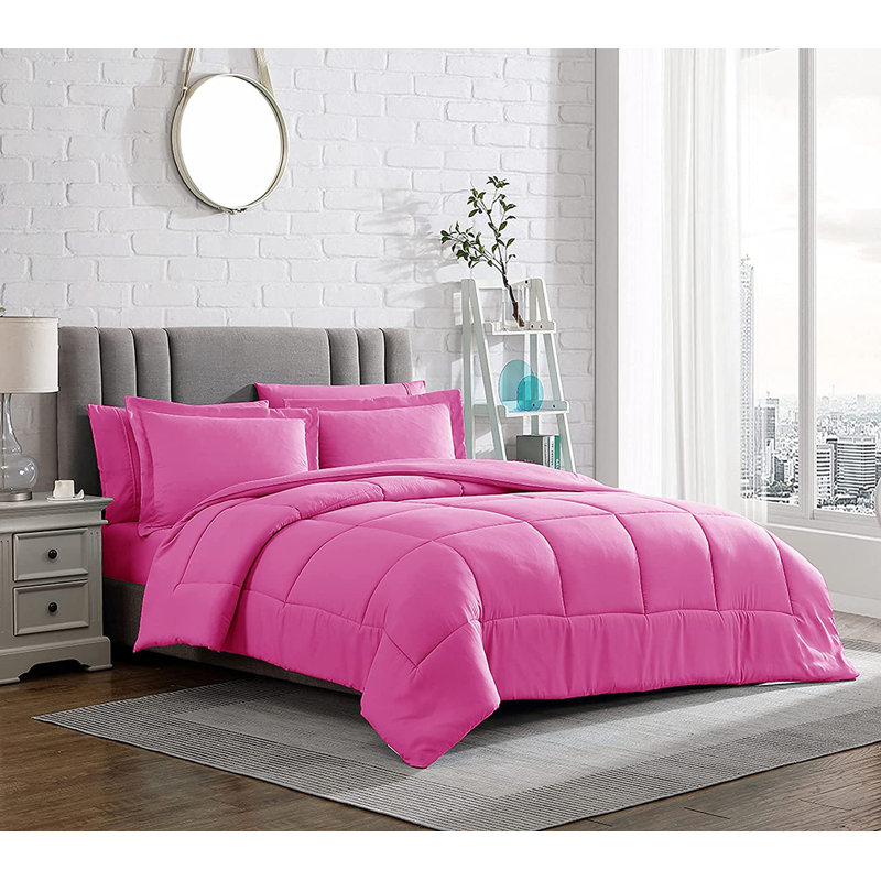 Box Stitch Comforter, Pink, Queen Comforter + 2 Queen Shams