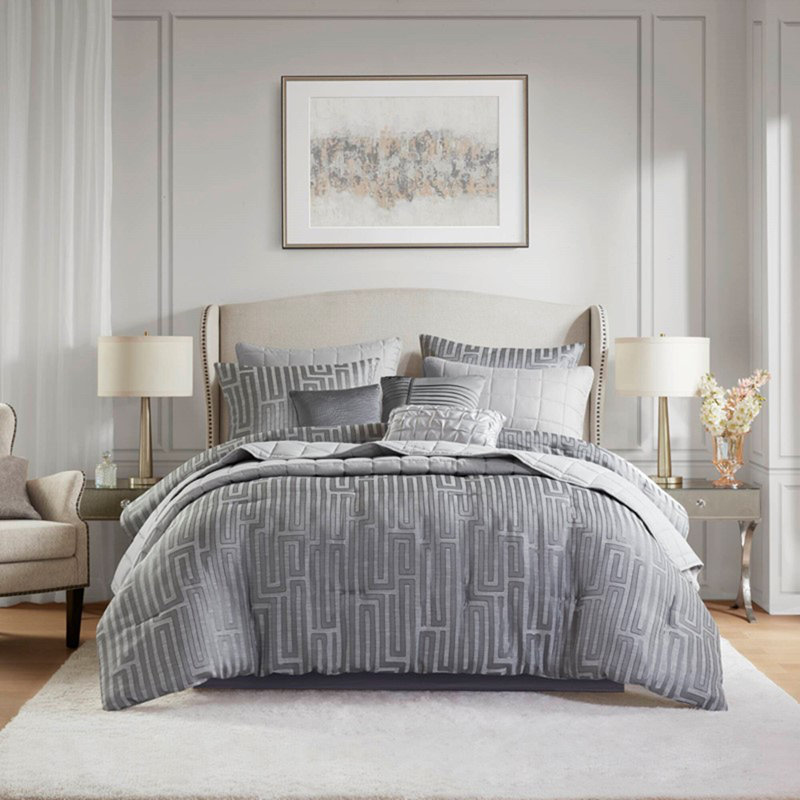 Ensemble d'édredon Luxury Jacquard , Gris, Édredon pour très grand lit + 9 pièces supplém