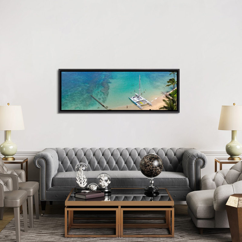 Horizon urbain d’Honolulu (océan)-impression panoramique, H 20 po x l 60 po x P 1,5 po, Toile avec cadre noir