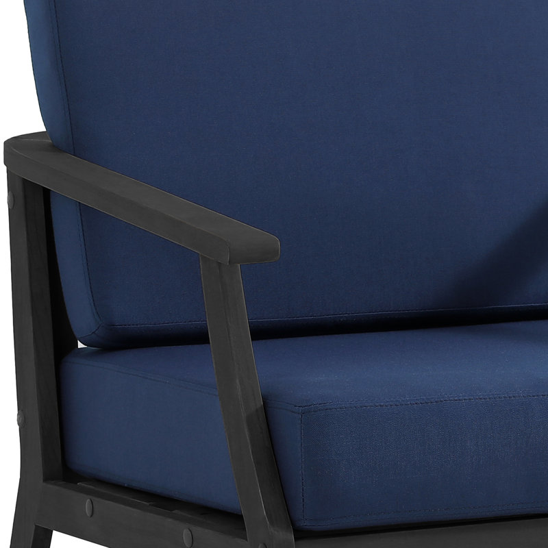 Teak Outdoor Four-person Patio Set with Cushions and Two Tables, Navy, Black