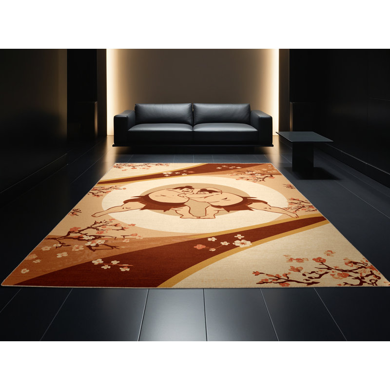 Machine Washable Aguilar Traditional Sumo Match Traditional Rug in Brown – Beige Binding, 2x4
