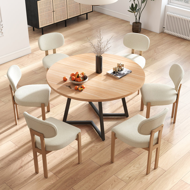 47.2 Inch Round Dining Table Set, Beige, 7, Natural/Black